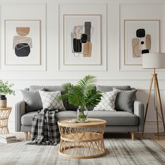 Stylish Living Room Interior Design with Abstract Art and Rattan Furniture