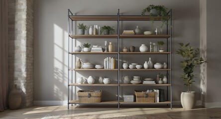 Stylish Modern Shelving Unit with Home Decor and Plants, Interior Design, Home Staging, Room Decor, Minimalist Style