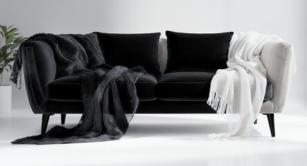 Stylish Modern Sofa with Throws and Pillows, Interior Design, Home Decor, Furniture, Comfortable Seating, Relaxing Atmosphere