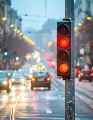 Red traffic light on city street at dawn or dusk, cars blurred in motion
