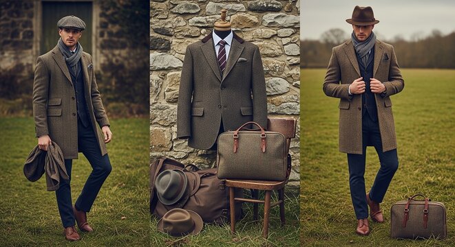 Stylish Mens Tweed Overcoat and Suit Ensemble with Accessories for AutumnWinter Fashion Editorial