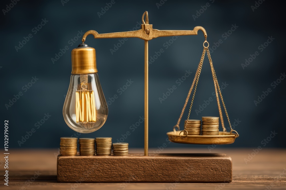 Poster balancing the dynamics of innovation and value through a vintage scale prominently displaying a warm