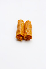 Rolled crispy wafers filled with shredded pork floss, Thai snack.