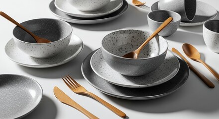 Stylish speckled grey stoneware dinnerware set with wooden cutlery on white background