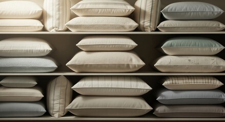 Stylish Stack of Decorative Pillows on Shelves, Home Decor, Interior Design, Neutral Colors, Soft Textures, Comfortable Cushions