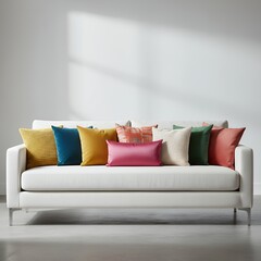 Stylish sofa with colorful throw pillows in a modern living room setting