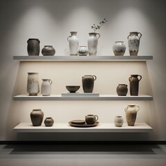 Stylish Pottery Collection Displayed on Modern Shelves, Home Decor, Interior Design, Ceramic Vases and Bowls