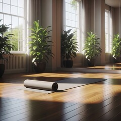 Sunlit Yoga Studio Interior with Rolled Up Mat and Plants