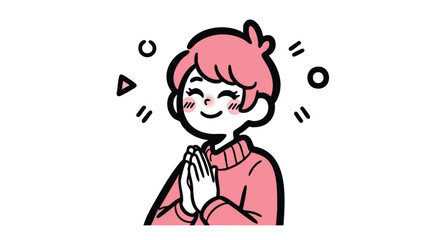 Delightful anime girl expresses gratitude with heartfelt hands together and happy smile of appreciation