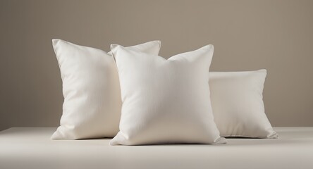 Three off-white square cushions on a neutral background