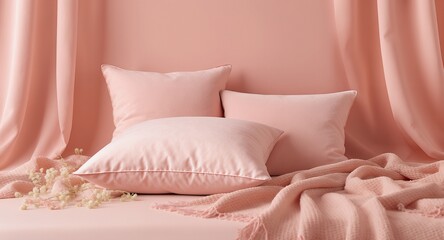 Three Pink Pillows on a Bed with Blanket and Dried Flowers, Soft Pastel Bedroom Decor, Cozy Home Textile Still Life