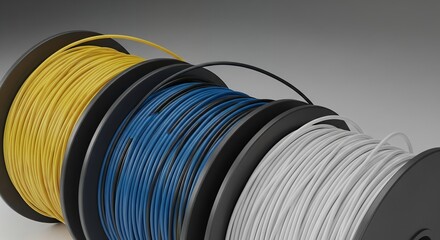 Three spools of colorful wires or cables on black reels, close-up studio shot