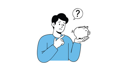 Confused man holding piggy bank pondering savings and finances during economic uncertainty times