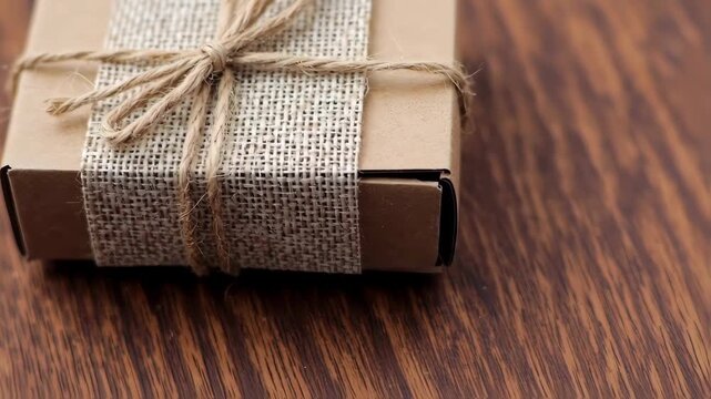 Rustic gift box wrapped in burlap and twine