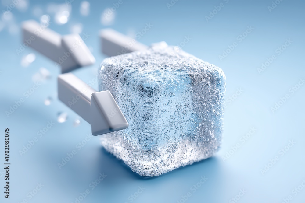 Aufkleber transparent ice cube with reflections and bubbles surrounded by sleek arrows suggesting movement and