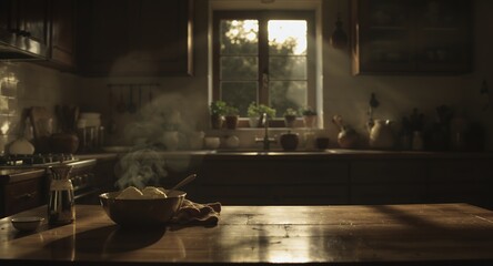 Warm, Rustic Kitchen Table with Steaming Food Bowl and Sunlit Window Background