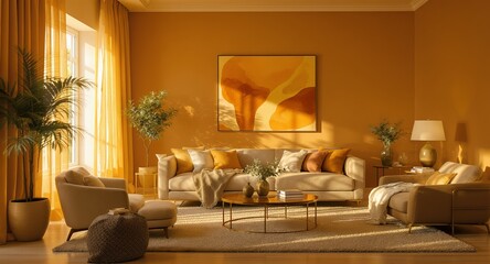 Warm, Cozy Living Room Interior Design with Mustard Yellow Walls and Beige Furniture, Sunlit Room with Plants and Abstract Art
