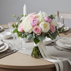 Wedding bouquet of pink and white flowers on table setting