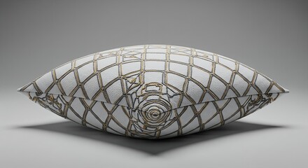 White Decorative Throw Pillow with Geometric Pattern, Gold and Gray Embroidered Design, Home Decor, Luxury Textile, Interior Design Element