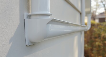 White gutter system installed on house exterior, close up view