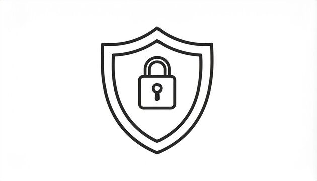 Cyber Security Shield Padlock Icon &ndash; Data Protection, Digital Privacy, Internet Safety Symbol, Line Art Vector Illustration