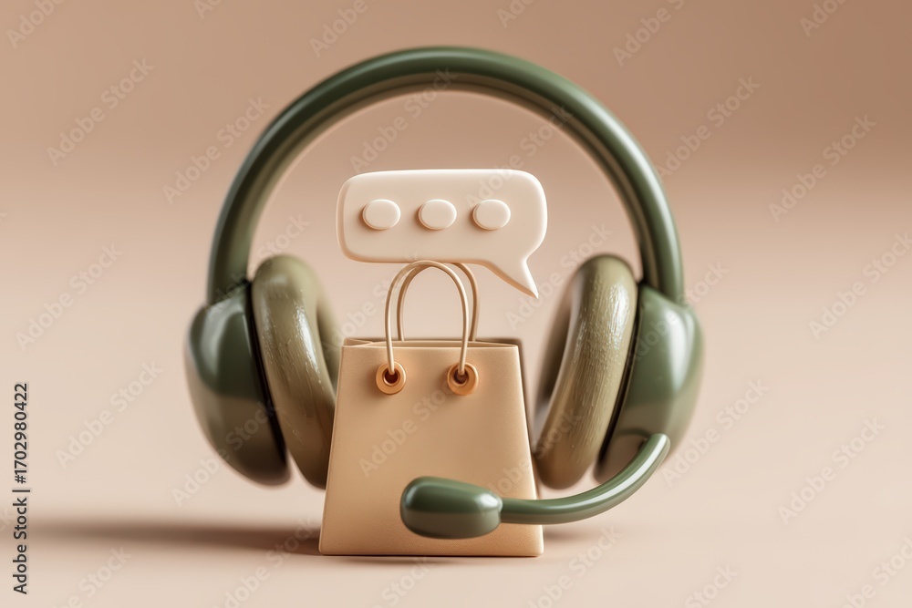 Poster Engaging customer support concept represented by a modern headset and shopping bag accompanied by a chat bubble emphasizing communication in e-commerce environments