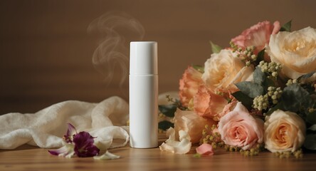White Perfume Bottle Mockup with Roses and Steam