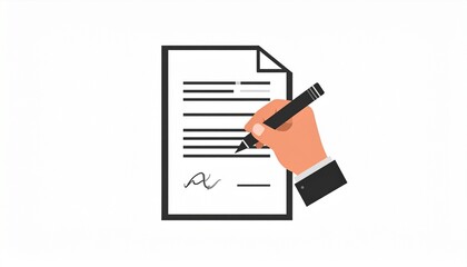 Hand signing official legal document with a pen, confirming agreement or contract completion, flat design illustration on white background.