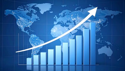 Visual showing global economic growth. Chart depicts rising bars with an upward arrow, set against a world map
