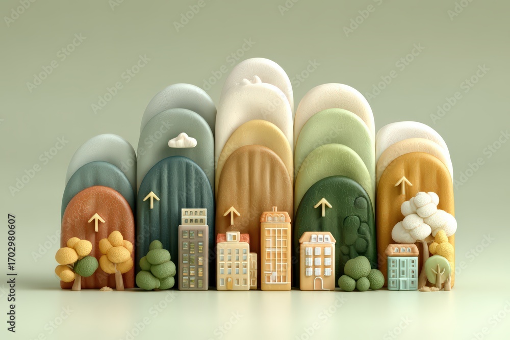 Poster charming collection of stylized miniature buildings set against a backdrop of rolling hills and abst
