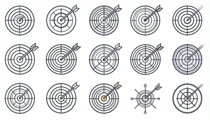 Target Icons Set with Arrows Hitting Bullseye. Collection for Business Goals, Success, Accuracy, Precision, and Achievement