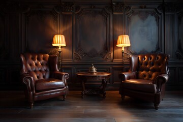 Fototapeta premium Classic room with dark wood paneling and two leather armchairs