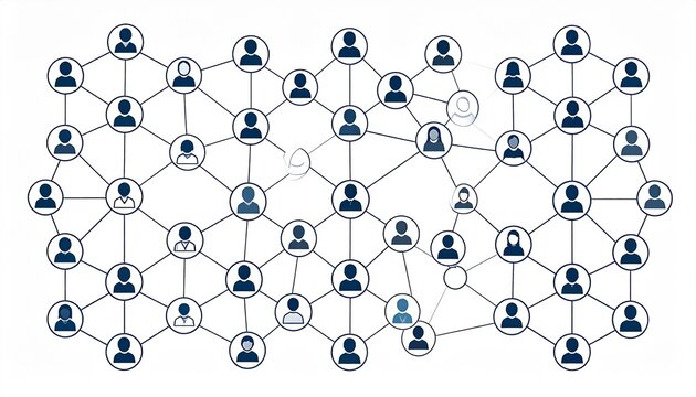 Interconnected digital social network of people icons. Global business communication, community, and technology concept.
