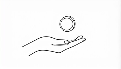 Hand with floating coin line art illustration representing finance, currency, payment, and economy concepts