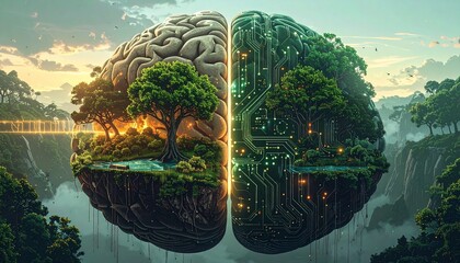 Conceptual brain merging nature and technology, symbolizing ecological intelligence, sustainable innovation, environmental balance, and digital growth.