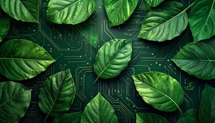 Green leaves on circuit board background, symbolizing sustainable technology, eco-friendly innovation, and the fusion of nature with digital tech.