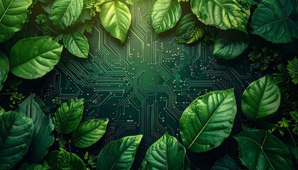 Green leaves framing glowing circuit board. Sustainable technology, eco-friendly innovation, nature and digital fusion, environmental tech.