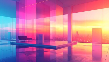 Modern office interior with vibrant neon light at sunset, offering a futuristic city skyline view through large glass windows, aesthetic workspace