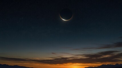 Partial solar eclipse viewed from mountain top at twilight