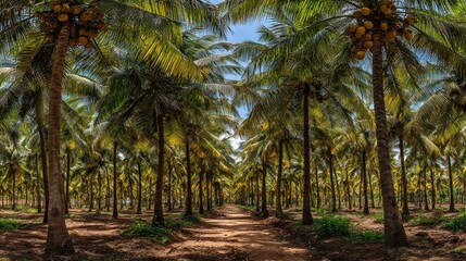 Obraz premium A path winds through a dense coconut grove under a bright sky. Lush green palm trees line the way, laden with coconuts
