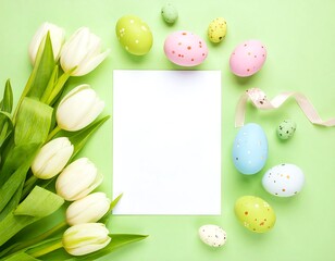Pastel Easter arrangement. White tulips, colorful eggs, blank paper, ribbon on a light green background