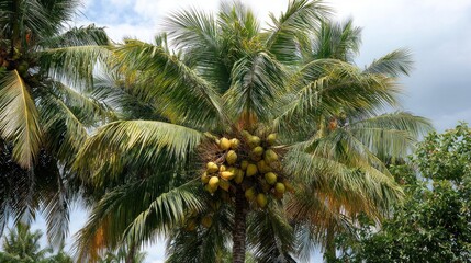 Lush coconut palms laden with coconuts