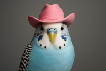 Close-up of a blue budgie dressed in a pink cowboy hat, creating a humorous and quirky western-themed animal portrait.