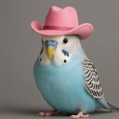 Adorable blue parakeet wearing a small pink cowboy hat, standing against a plain gray backdrop in a playful studio setup.