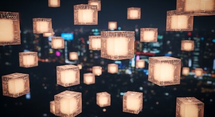 Glowing data cubes float above a blurred cityscape at night creating a futuristic tech atmosphere