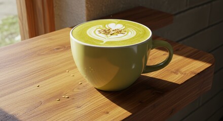 Freshly brewed vibrant green latte in a cozy cafe setting with wooden counter and natural light