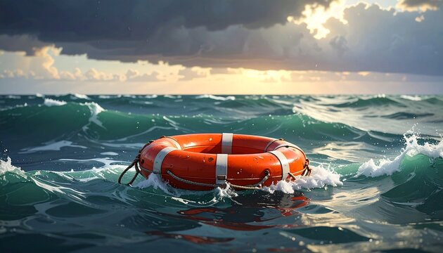 Rescuer in open water, orange buoy in wavy sea with cloudy sky above - Powered by Adobe