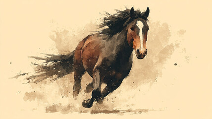 水彩風 馬のイラスト 力強く走る干支デザイン/Watercolor Style Running Horse Illustration – Dynamic Zodiac Design Generative AI
