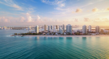 Fototapeta premium Aerial View of Coastal City Skyline at Sunset, Beach, Ocean, and High-Rise Buildings