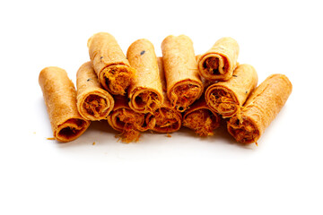 Rolled crispy wafers filled with shredded pork floss, Thai snack.